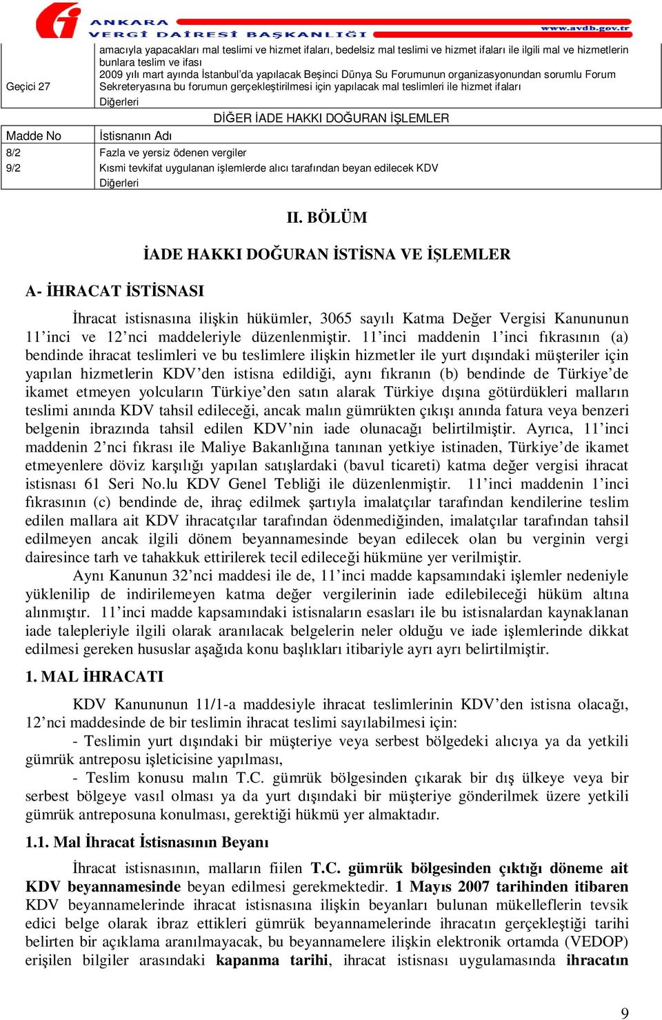 Ad 8/2 Fazla ve yersiz ödenen vergiler 9/2 smi tevkifat uygulanan i lemlerde al taraf ndan beyan edilecek KDV Di erleri A- HRACAT ST SNASI II.