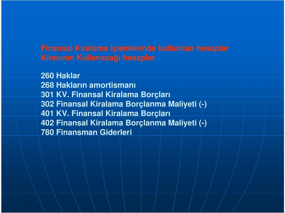 Finansal Kiralama Borçları 302 Finansal Kiralama Borçlanma Maliyeti (-) 401