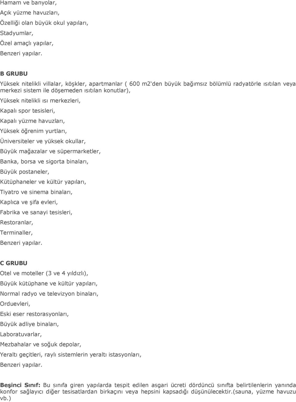 Üniversiteler ve yüksek okullar, Büyük mağazalar ve süpermarketler, Banka, borsa ve sigorta binaları, Büyük postaneler, Kütüphaneler ve kültür yapıları, Tiyatro ve sinema binaları, Kaplıca ve şifa