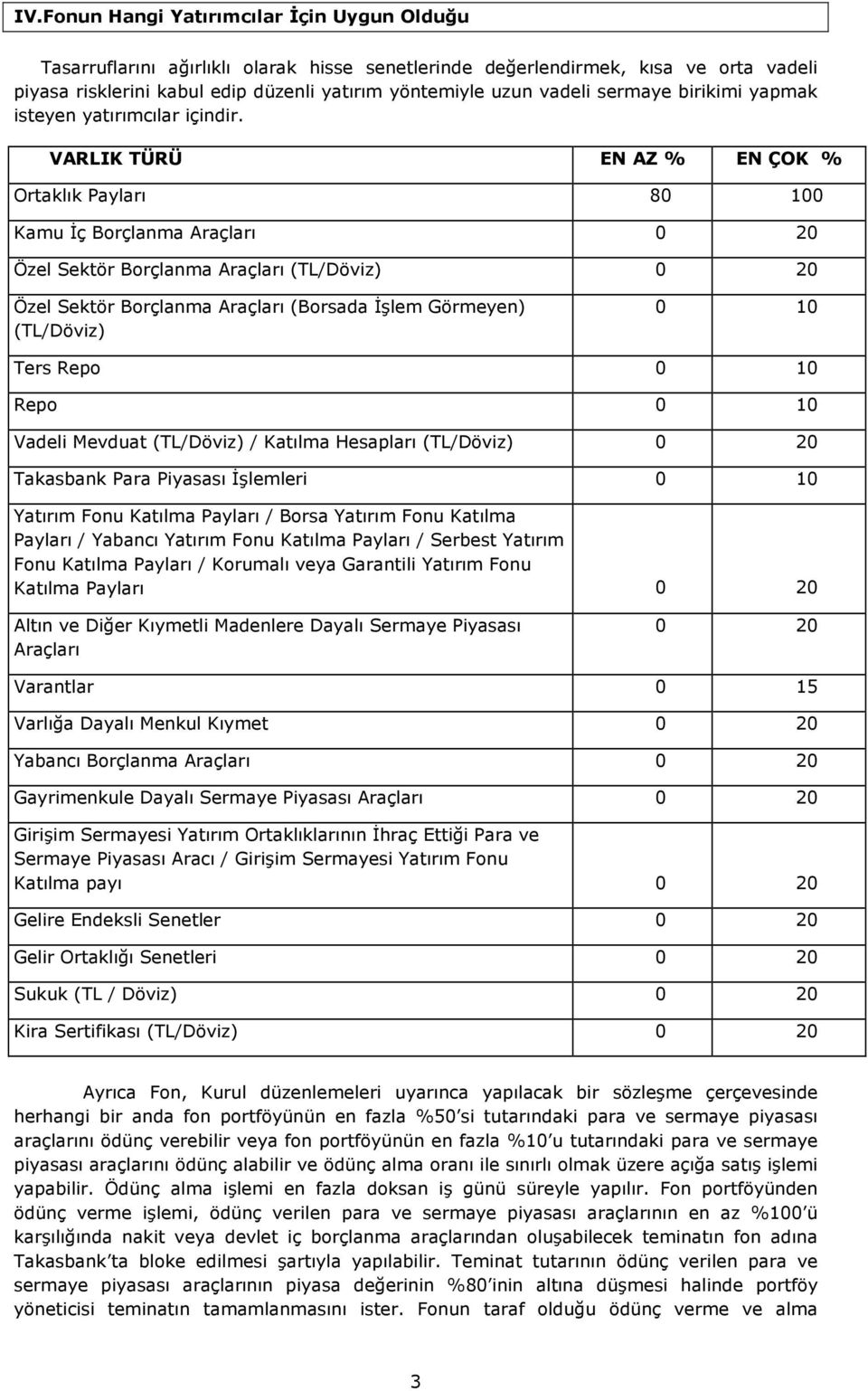 VARLIK TÜRÜ EN AZ % EN ÇOK % Ortaklık Payları 80 100 Kamu İç Borçlanma Araçları 0 20 Özel Sektör Borçlanma Araçları (TL/Döviz) 0 20 Özel Sektör Borçlanma Araçları (Borsada İşlem Görmeyen) (TL/Döviz)