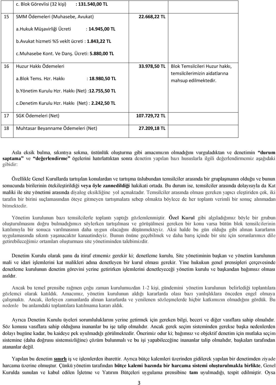 yönetim Kurulu Hzr. Hakkı (Net) :12.755,50 TL c.denetim Kurulu Hzr. Hakkı (Net) : 2.242,50 TL 17 SGK Ödemeleri (Net) 107.729,72 TL 18 Muhtasar Beyanname Ödemeleri (Net) 27.