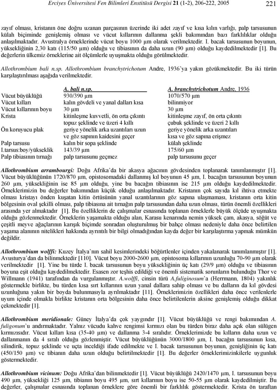 bacak tarsusunun boyunun, yüksekliğinin 2,30 katı (115/50 µm) olduğu ve tibiasının da daha uzun (90 µm) olduğu kaydedilmektedir [1].