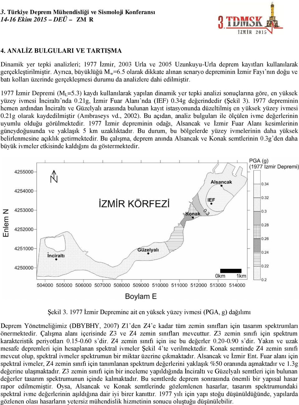 3) kaydı kullanılarak yapılan dinamik yer tepki analizi sonuçlarına göre, en yüksek yüzey ivmesi İnciraltı nda 0.21g, İzmir Fuar Alanı nda ( IEF) 0.34g değerindedir (Şekil 3).