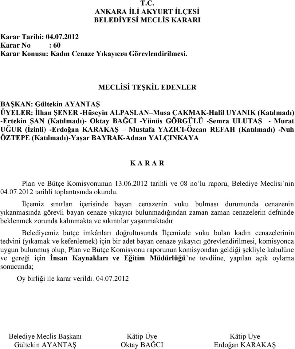 YAZICI-Özcan REFAH (Katılmadı) -Nuh ÖZTEPE (Katılmadı)-Yaşar BAYRAK-Adnan Plan ve Bütçe Komisyonunun 13.06.2012 tarihli ve 08 no lu raporu, Belediye Meclisi nin 04.07.