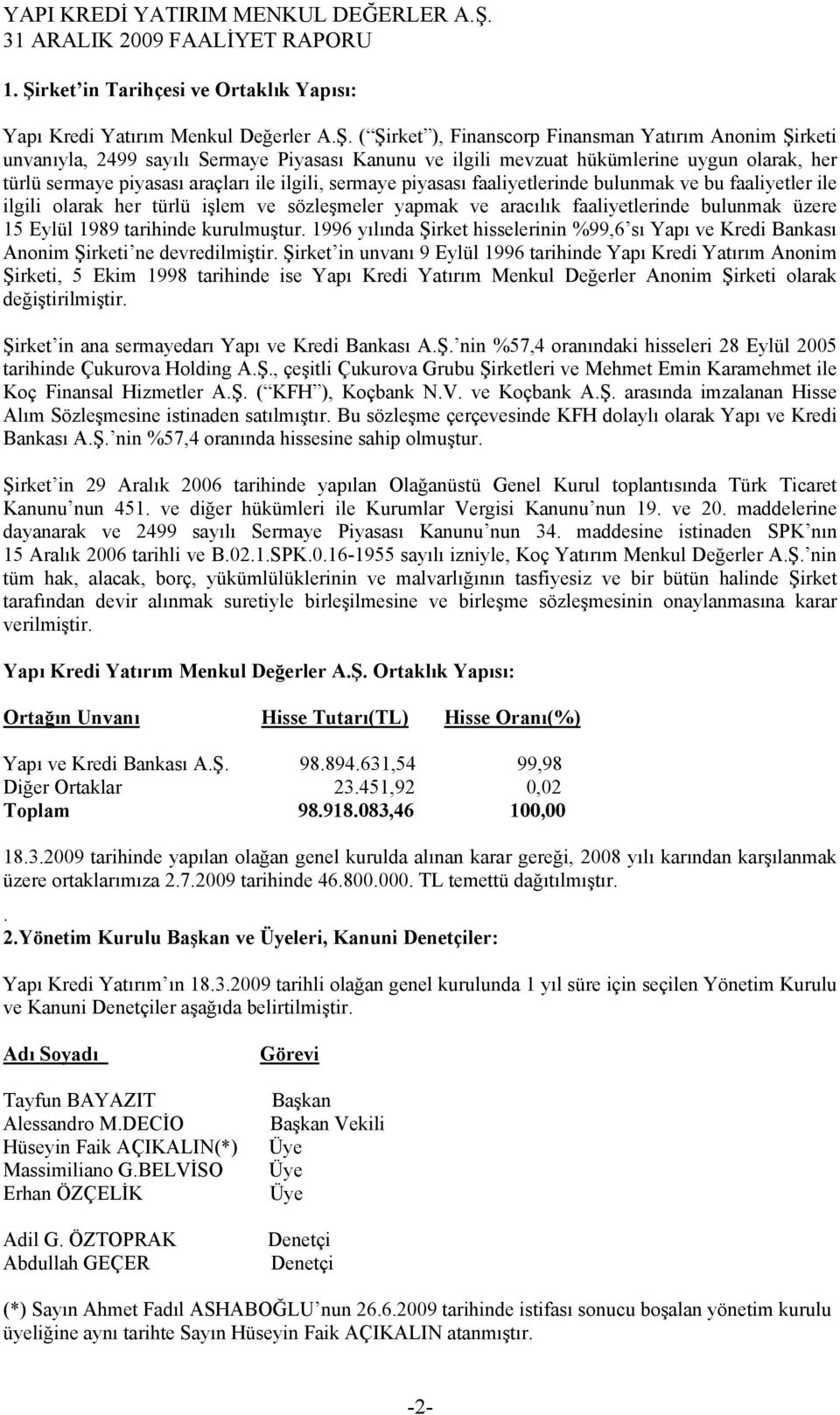 ve aracılık faaliyetlerinde bulunmak üzere 15 Eylül 1989 tarihinde kurulmuştur. 1996 yılında Şirket hisselerinin %99,6 sı Yapı ve Kredi Bankası Anonim Şirketi ne devredilmiştir.