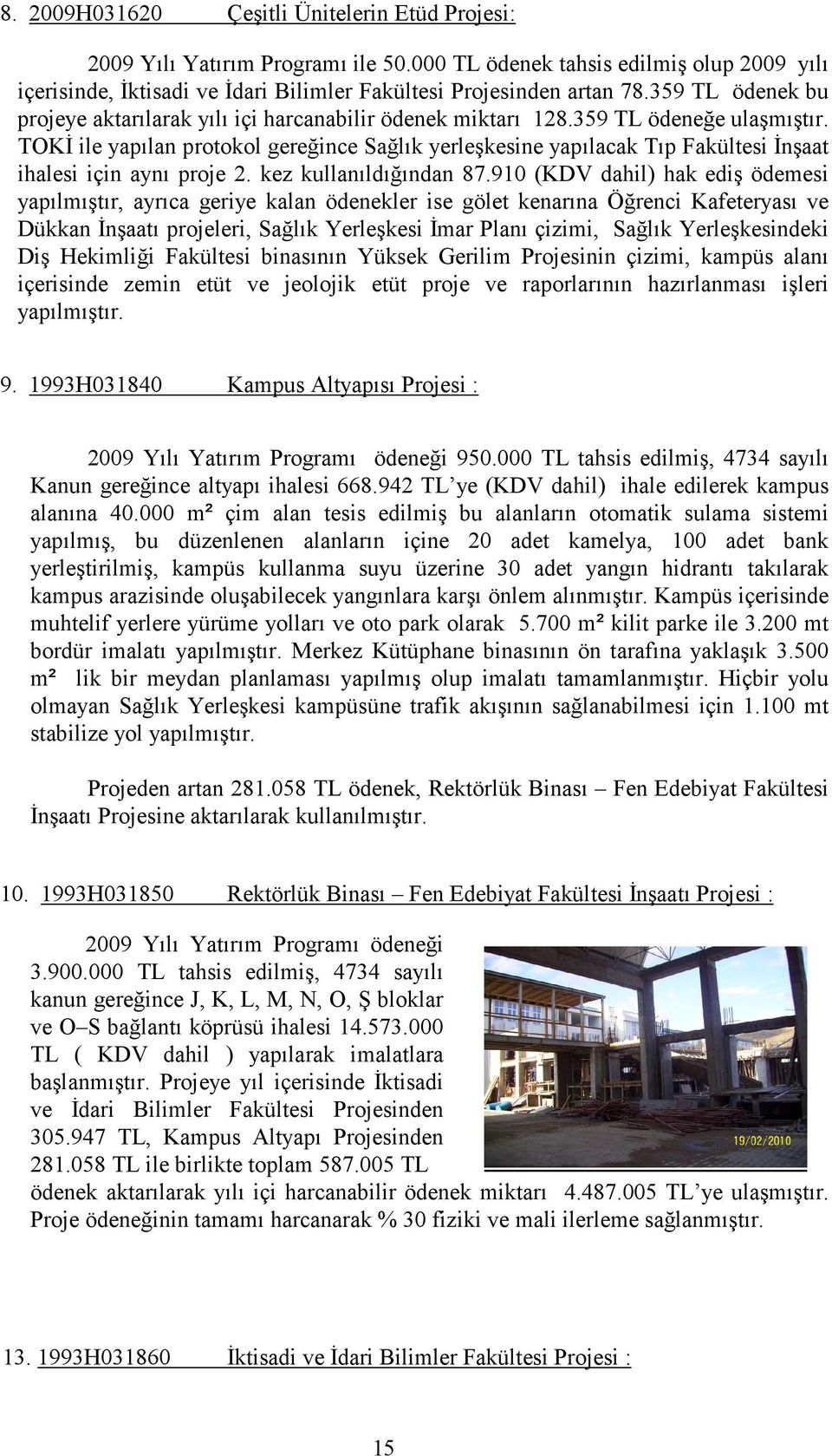 TOKĐ ile yapılan protokol gereğince Sağlık yerleşkesine yapılacak Tıp Fakültesi Đnşaat ihalesi için aynı proje 2. kez kullanıldığından 87.