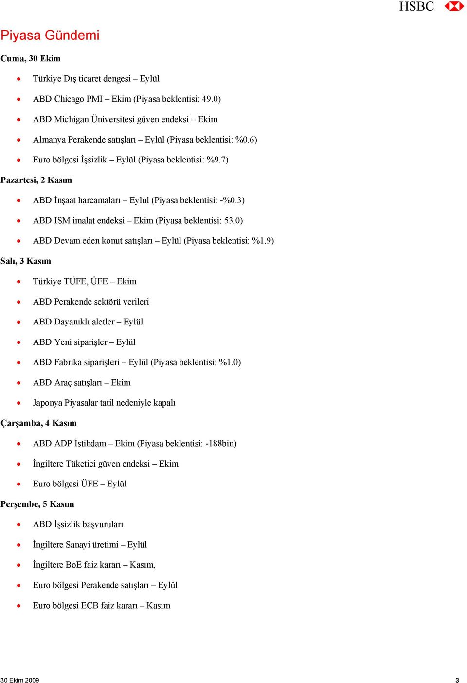 7) Pazartesi, 2 Kasım ABD İnşaat harcamaları Eylül (Piyasa beklentisi: -%0.3) ABD ISM imalat endeksi Ekim (Piyasa beklentisi: 53.0) ABD Devam eden konut satışları Eylül (Piyasa beklentisi: %1.