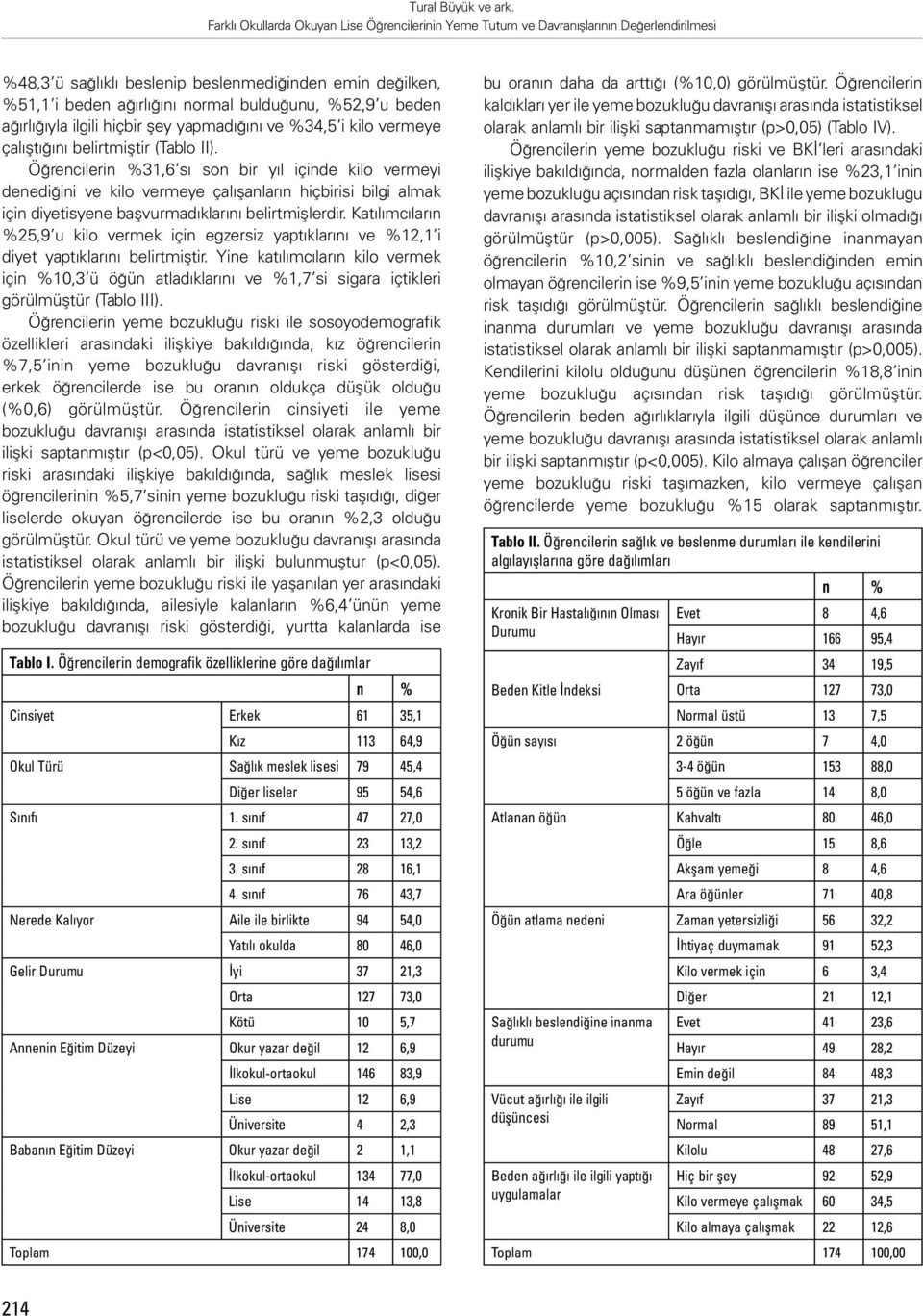 Katılımcıların %25,9 u kilo vermek için egzersiz yaptıklarını ve %12,1 i diyet yaptıklarını belirtmiştir.