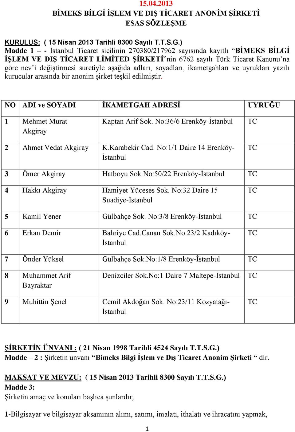 ) Madde 1 - İstanbul Ticaret sicilinin 270380/217962 sayısında kayıtlı BİMEKS BİLGİ İŞLEM VE DIŞ TİCARET LİMİTED ŞİRKETİ nin 6762 sayılı Türk Ticaret Kanunu na göre nev i değiştirmesi suretiyle