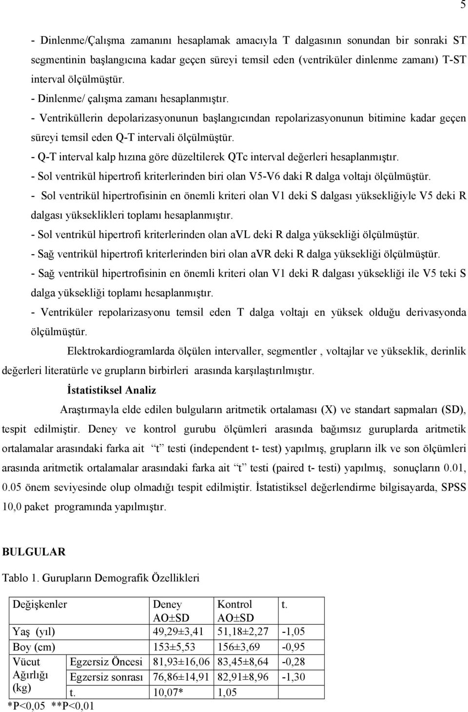 - Q-T interval kalp hızına göre düzeltilerek QTc interval değerleri hesaplanmıştır. - Sol ventrikül hipertrofi kriterlerinden biri olan V5-V6 daki R dalga voltajı ölçülmüştür.