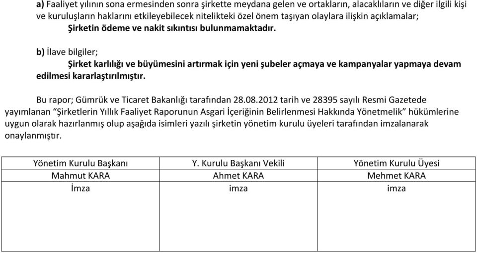 b) İlave bilgiler; Şirket karlılığı ve büyümesini artırmak için yeni şubeler açmaya ve kampanyalar yapmaya devam edilmesi kararlaştırılmıştır. Bu rapor; Gümrük ve Ticaret Bakanlığı tarafından 28.08.