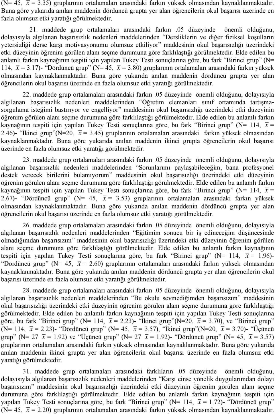 05 düzeyinde önemli olduğunu, dolayısıyla algılanan başarısızlık nedenleri maddelerinden Dersliklerin ve diğer fiziksel koşulların yetersizliği derse karşı motivasyonumu olumsuz etkiliyor maddesinin