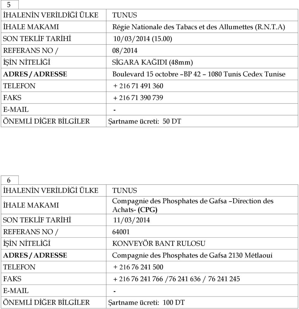 + 216 71 390 739 Şartname ücreti: 50 DT 6 Compagnie des Phosphates de Gafsa Direction des Achats- (CPG) SON TEKLİF TARİHİ