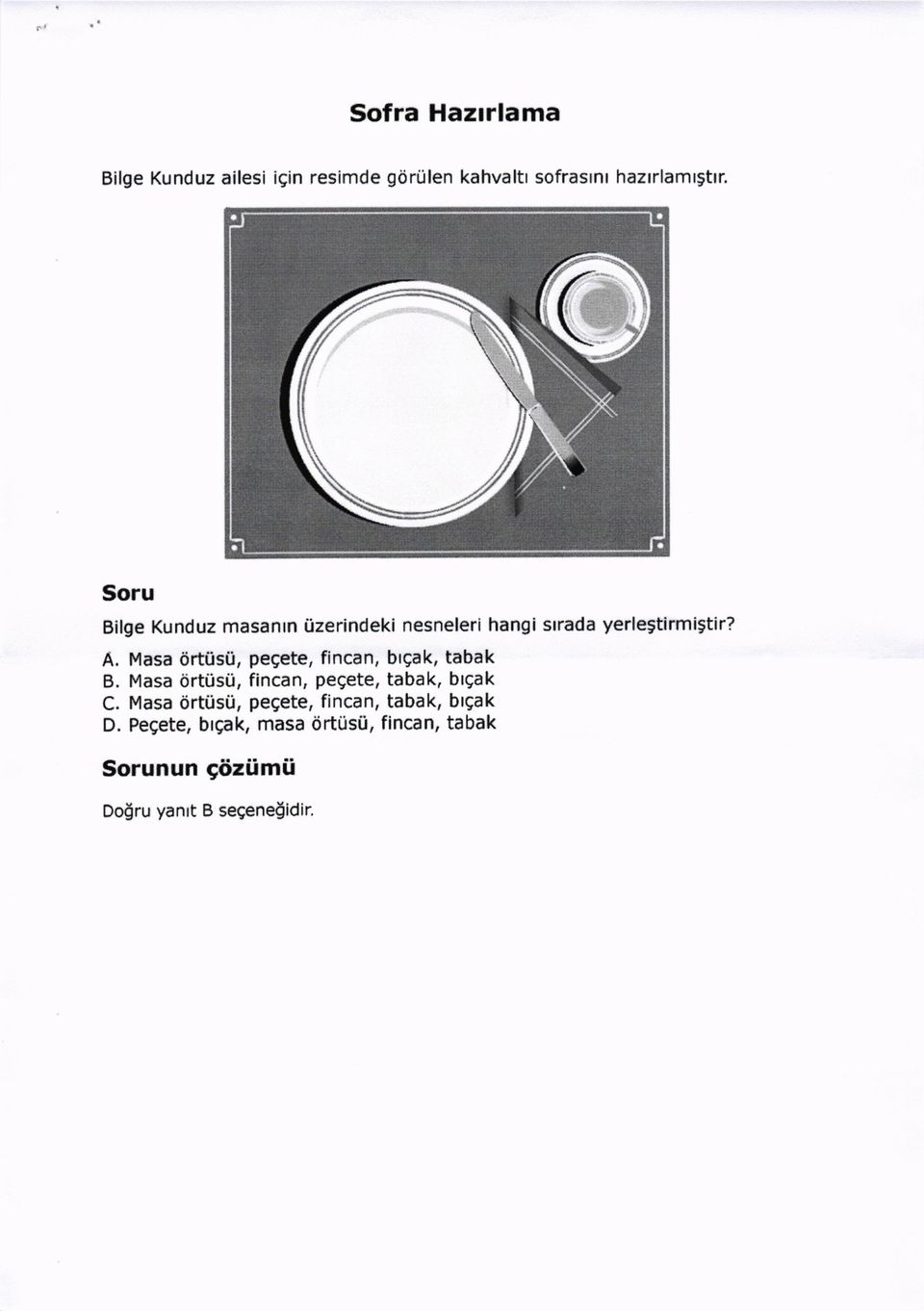 Masa cirtiisci, pegete, fincan, brgak, tabak B. Masa ort0sti, fincan, pegete, tabak, btgak C.