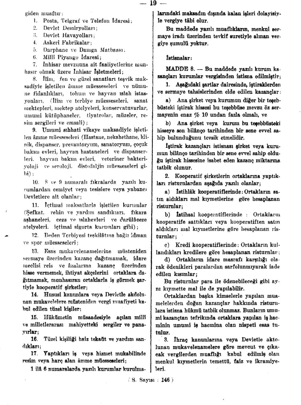 İlim, fen ve güzel sanatları teşvik maksadiyle işletilen âmme müesseseleri ve numune fidanlıkları, tohum ve hayvan ıslah istasyonları, (İlim ve terbiye müesseseleri, sanat mektepleri, mektep