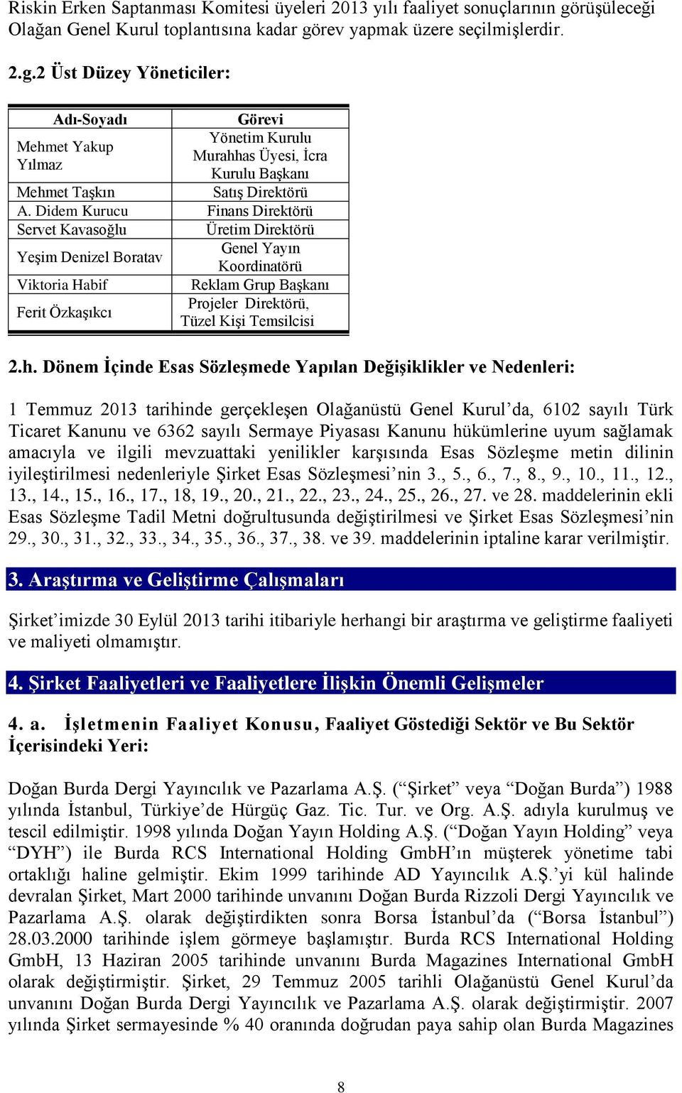 Didem Kurucu Finans Direktörü Servet Kavasoğlu Üretim Direktörü Yeşim Denizel Boratav Genel Yayın Koordinatörü Viktoria Habif Reklam Grup Başkanı Ferit Özkaşıkcı Projeler Direktörü, Tüzel Kişi