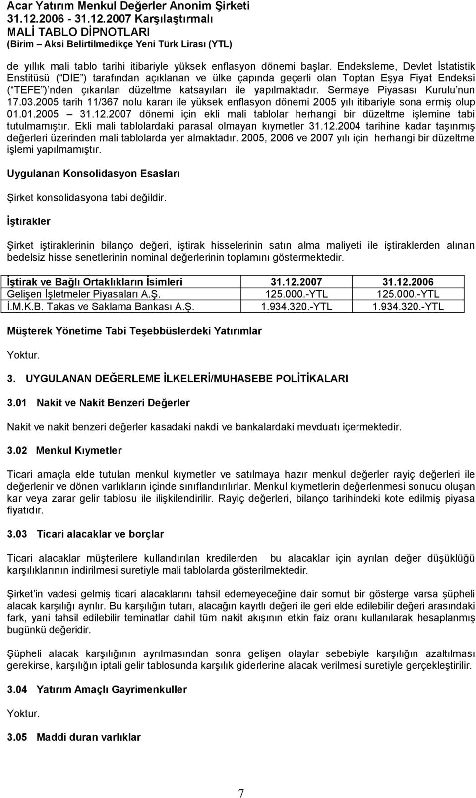 Sermaye Piyasası Kurulu nun 17.03.2005 tarih 11/367 nolu kararı ile yüksek enflasyon dönemi 2005 yılı itibariyle sona ermiş olup 01.01.2005 31.12.