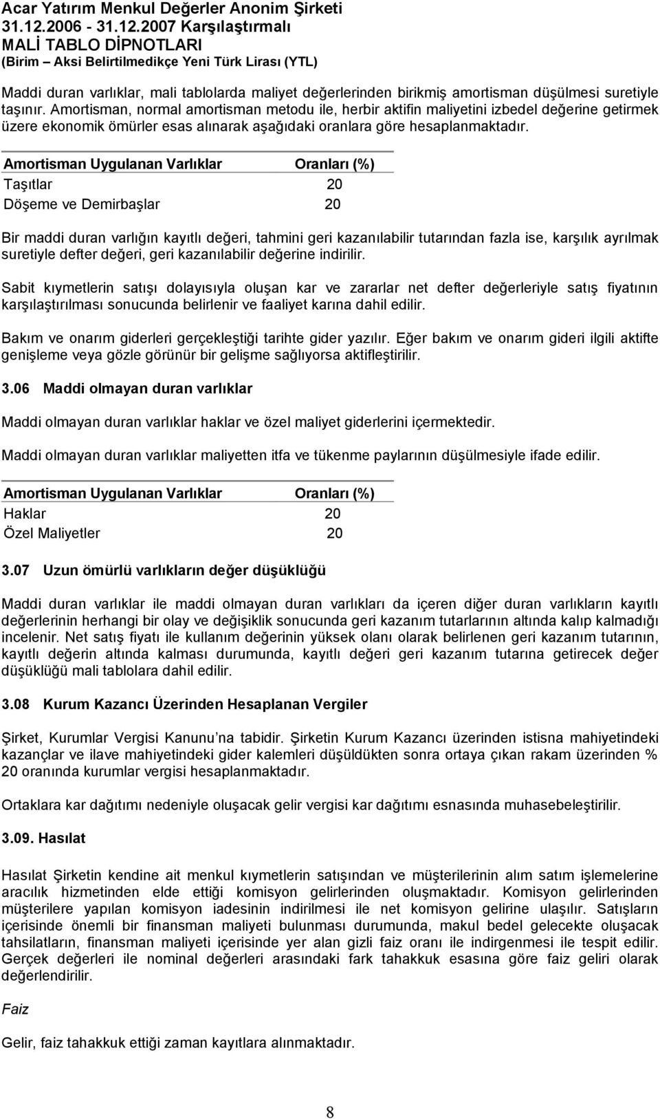 Amortisman Uygulanan Varlıklar Oranları (%) Taşıtlar 20 Döşeme ve Demirbaşlar 20 Bir maddi duran varlığın kayıtlı değeri, tahmini geri kazanılabilir tutarından fazla ise, karşılık ayrılmak suretiyle