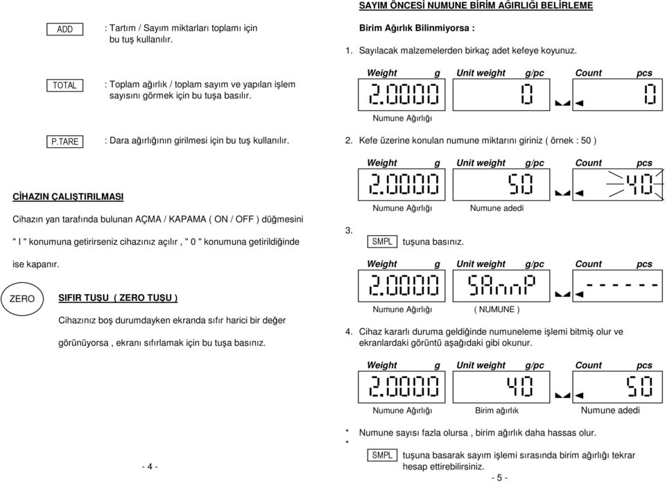 Kefe üzerine konulan numune miktarını giriniz ( örnek : 5 ) CĐHAZIN ÇALIŞTIRILMASI Numune Ağırlığı Cihazın yan tarafında bulunan AÇMA / KAPAMA ( ON / OFF ) düğmesini 3.