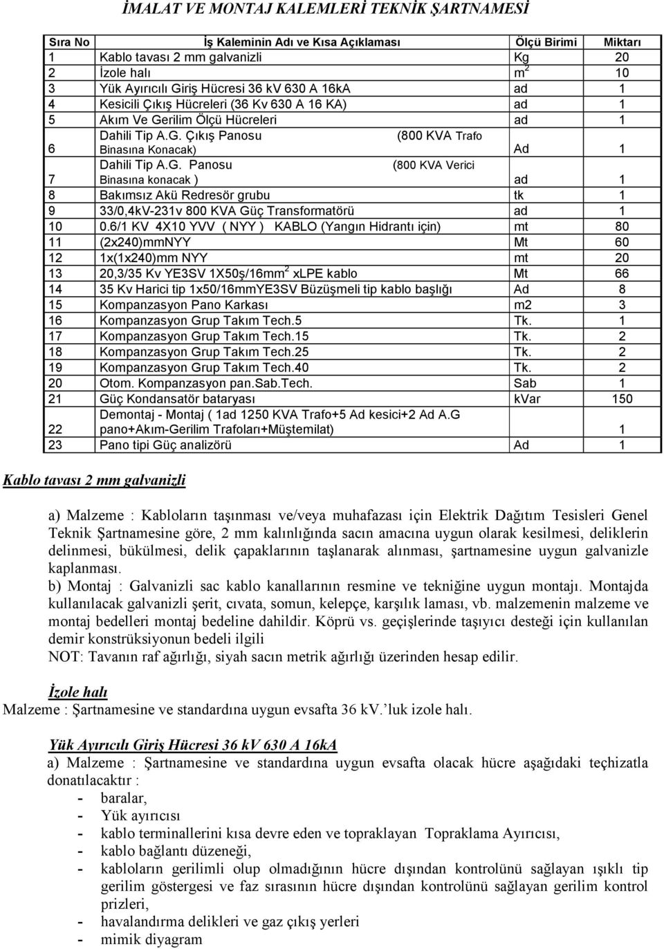 rilim Ölçü Hücreleri ad 1 Dahili Tip A.G. Çıkış Panosu (800 KVA Trafo 6 Binasına Konacak) Ad 1 Dahili Tip A.G. Panosu (800 KVA Verici 7 Binasına konacak ) ad 1 8 Bakımsız Akü Redresör grubu tk 1 9 33/0,4kV-231v 800 KVA Güç Transformatörü ad 1 10 0.