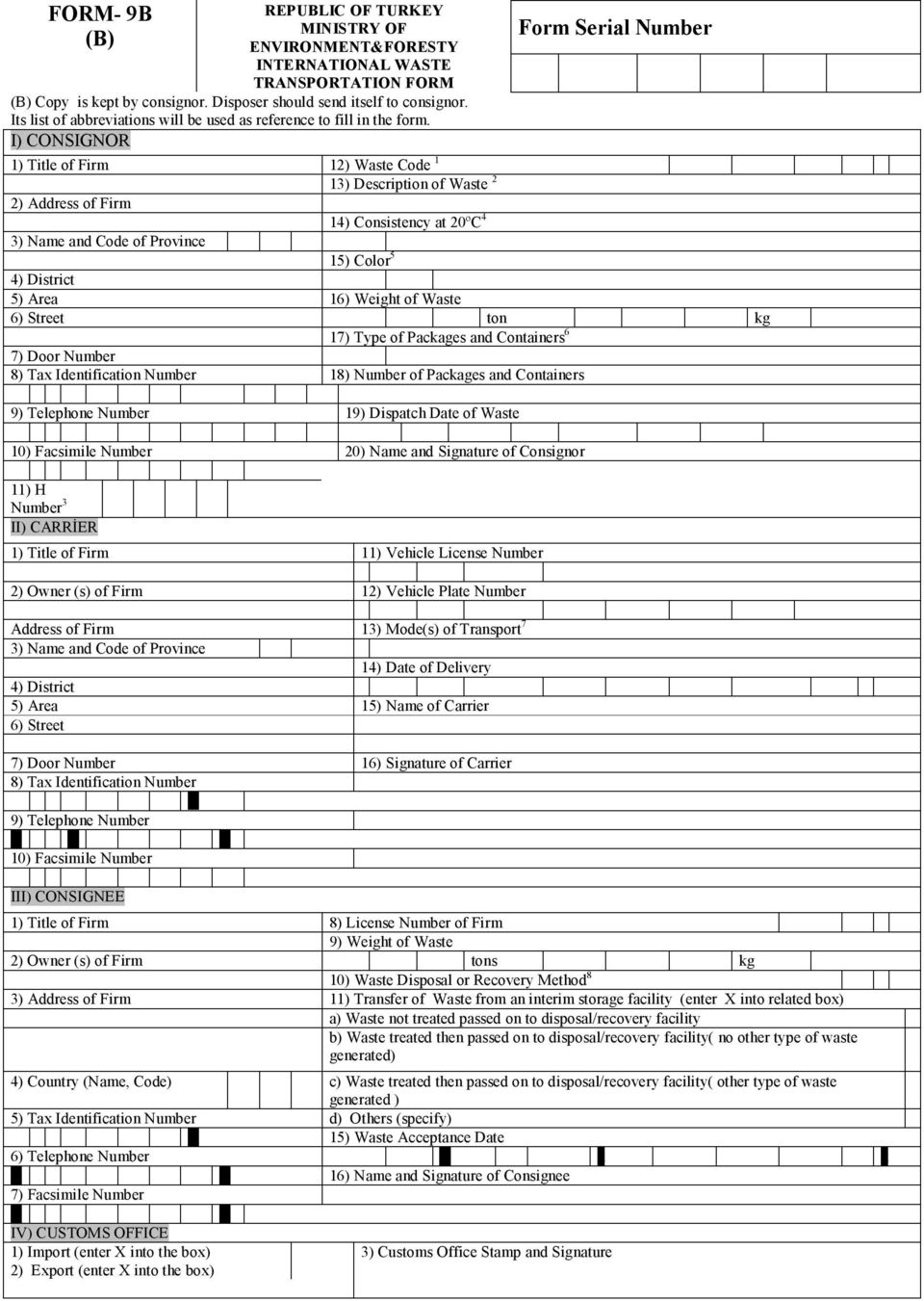 I) CONSIGNOR Form Serial Number 1) Title of Firm 12) Waste Code 1 13) Description of Waste 2 2) Address of Firm 14) Consistency at 20ºC 4 3) Name and Code of Province 15) Color 5 4) District 5) Area