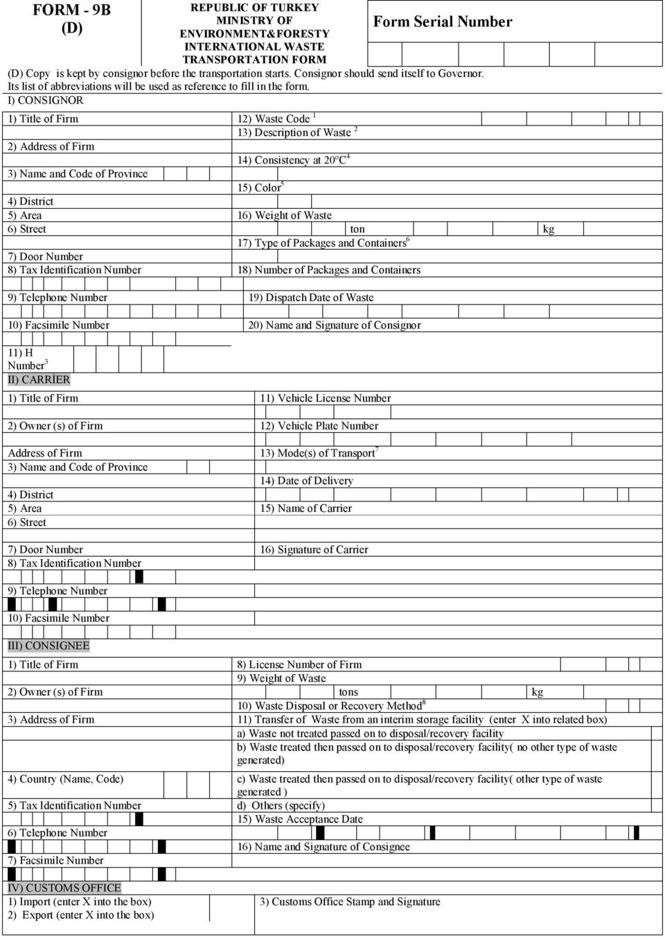 I) CONSIGNOR 1) Title of Firm 12) Waste Code 1 13) Description of Waste 2 2) Address of Firm 14) Consistency at 20ºC 4 3) Name and Code of Province 15) Color 5 4) District 5) Area 16) Weight of Waste