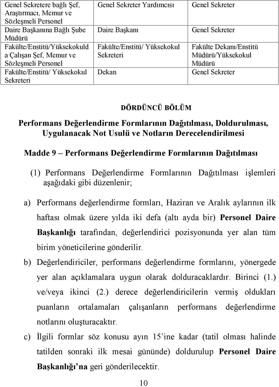 DÖRDÜNCÜ BÖLÜM Performans Değerlendirme Formlarının Dağıtılması, Doldurulması, Uygulanacak Not Usulü ve Notların Derecelendirilmesi Madde 9 Performans Değerlendirme Formlarının Dağıtılması (1)