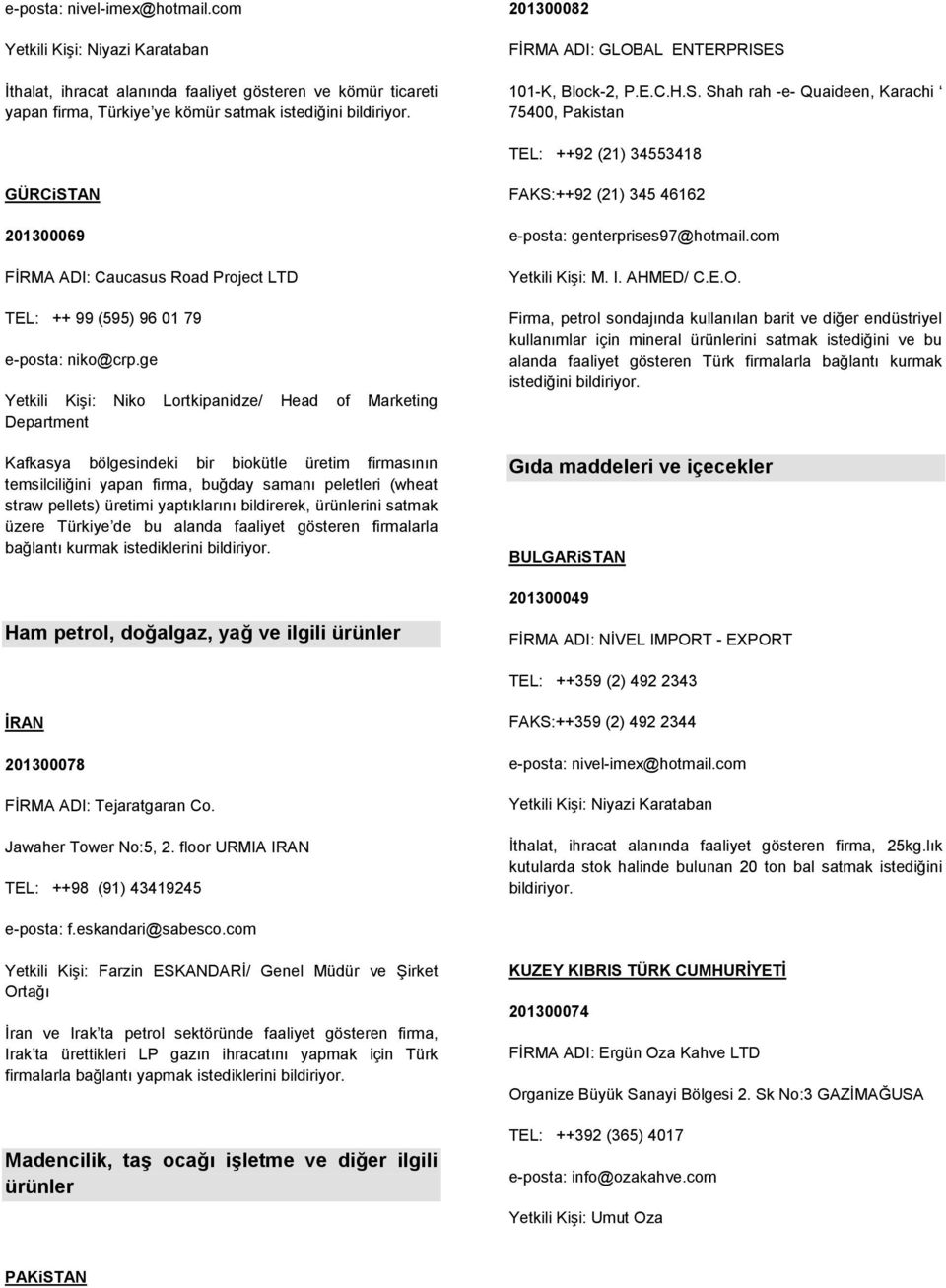 S 101-K, Block-2, P.E.C.H.S. Shah rah -e- Quaideen, Karachi 75400, Pakistan TEL: ++92 (21) 34553418 GÜRCiSTAN 201300069 FİRMA ADI: Caucasus Road Project LTD TEL: ++ 99 (595) 96 01 79 e-posta: niko@crp.