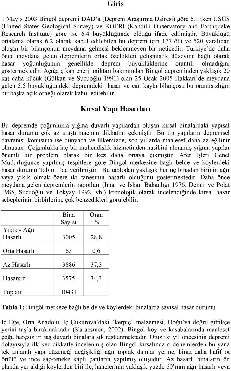 Türkiye de daha önce meydana gelen depremlerin ortak özellikleri gelişmişlik düzeyine bağlı olarak hasar yoğunluğunun genellikle deprem büyüklüklerine orantılı olmadığını göstermektedir.