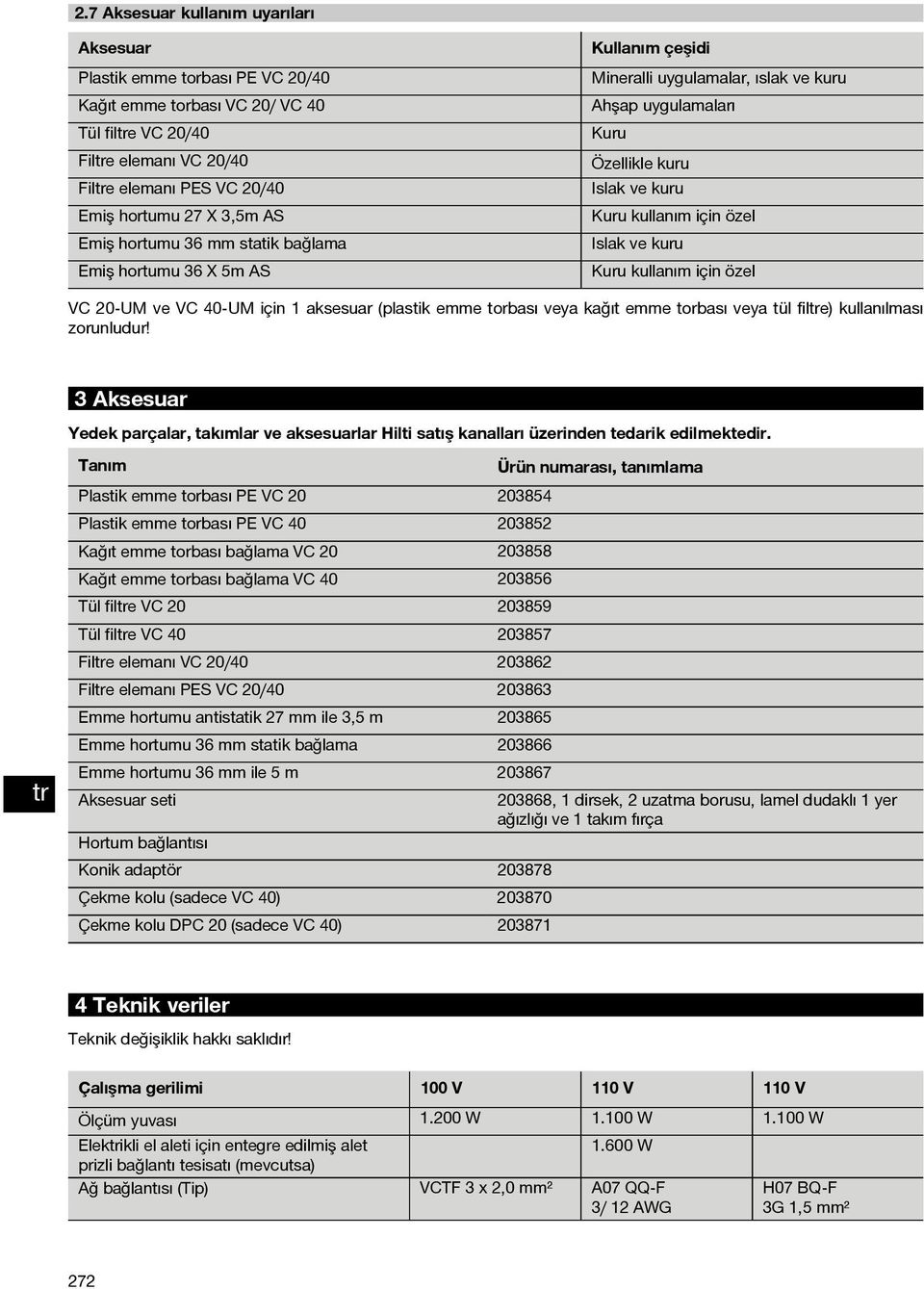 Kuru kullanım için özel VC 20 UM ve VC 40 UM için 1 aksesuar (plastik emme torbası veya kağıt emme torbası veya tül file) kullanılması zorunludur!