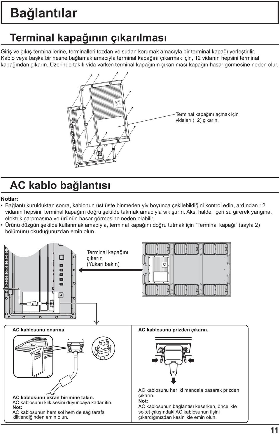 Üzerinde tak l vida varken terminal kapa n n ç kar lmas kapa n hasar görmesine neden olur. Terminal kapa n açmak için vidalar (12) ç kar n.