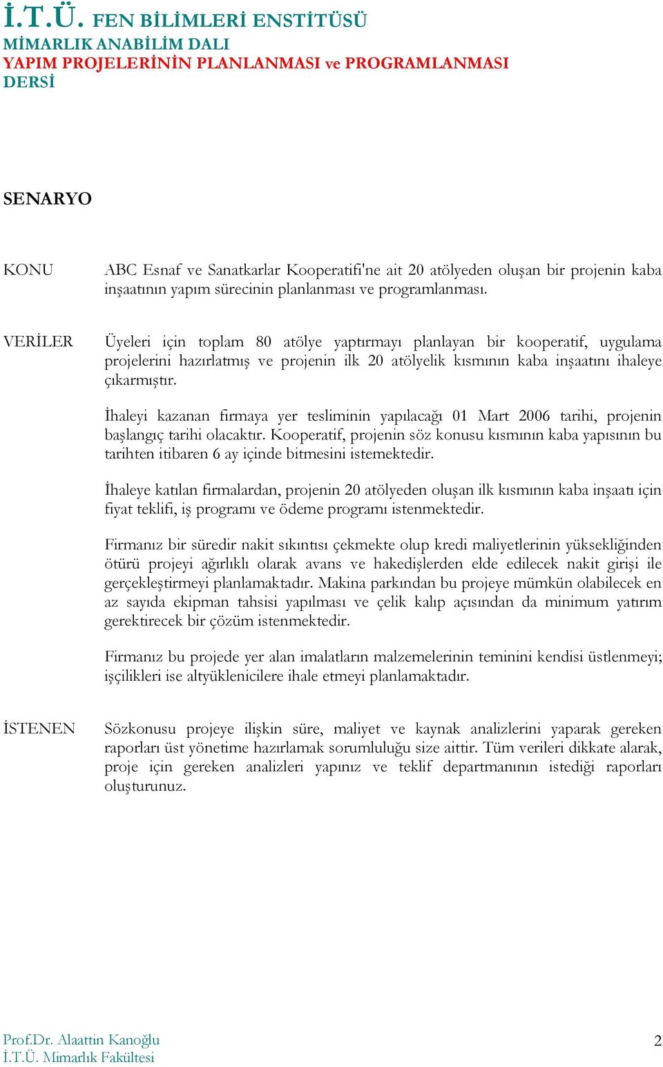 İhaleyi kazanan firmaya yer tesliminin yapılacağı 01 Mart 2006 tarihi, projenin başlangıç tarihi olacaktır.