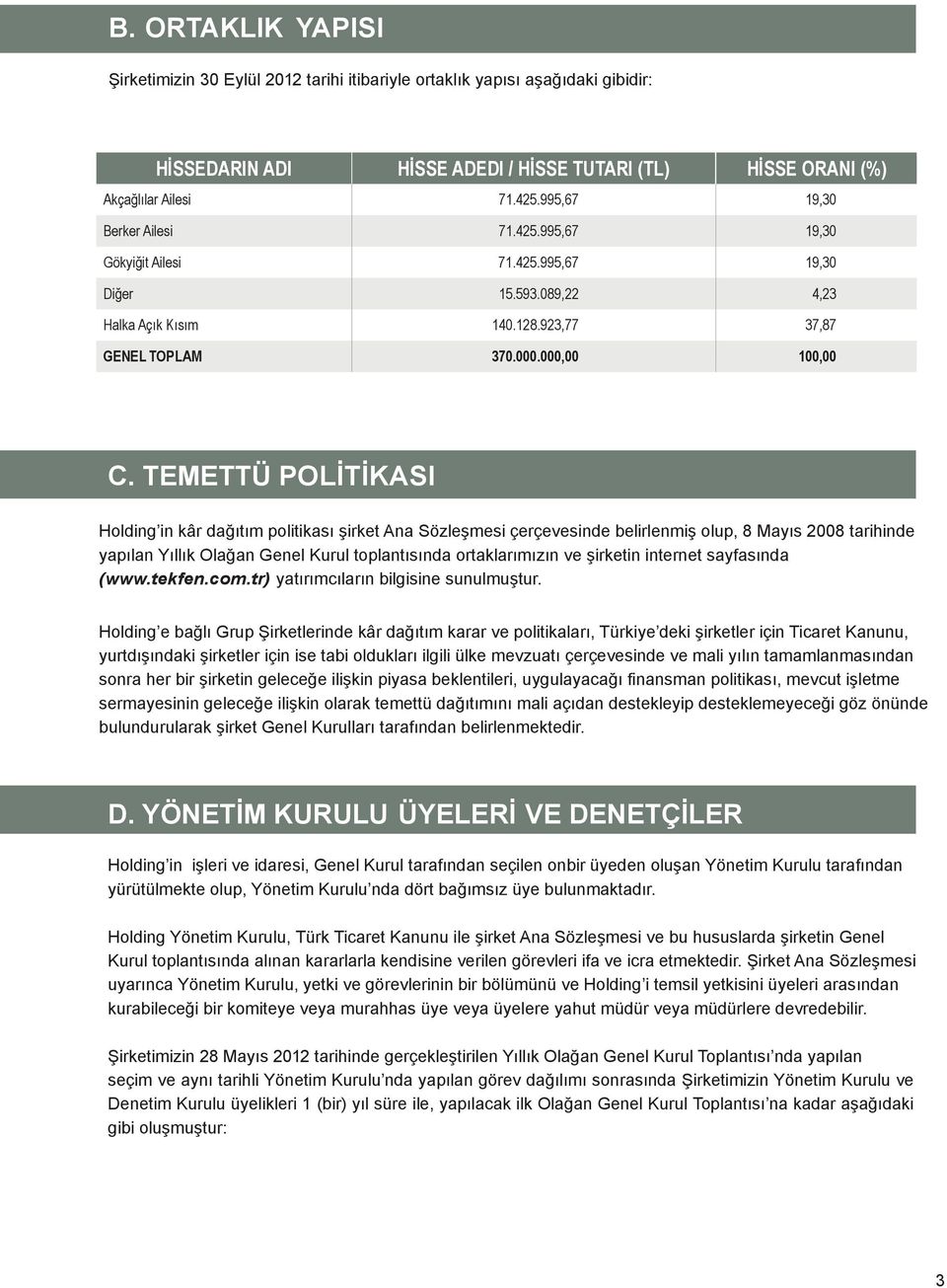 TEMETTÜ POLİTİKASI Holding in kâr dağıtım politikası şirket Ana Sözleşmesi çerçevesinde belirlenmiş olup, 8 Mayıs 2008 tarihinde yapılan Yıllık Olağan Genel Kurul toplantısında ortaklarımızın ve