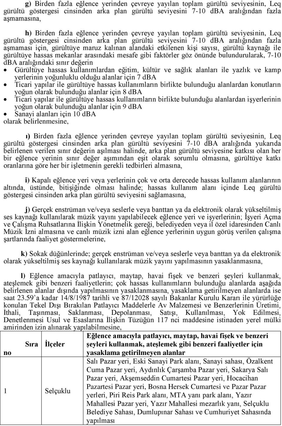 etkilenen kişi sayısı, gürültü kaynağı ile gürültüye hassas mekanlar arasındaki mesafe gibi faktörler göz önünde bulundurularak, 7-10 dba aralığındaki sınır değerin Gürültüye hassas kullanımlardan