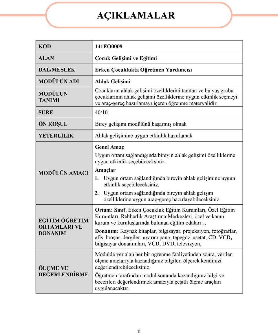 ÖN KOŞUL YETERLİLİK MODÜLÜN AMACI EĞİTİM ÖĞRETİM ORTAMLARI VE DONANIM ÖLÇME VE DEĞERLENDİRME Birey gelişimi modülünü başarmış olmak Ahlak gelişimine uygun etkinlik hazırlamak Genel Amaç Uygun ortam