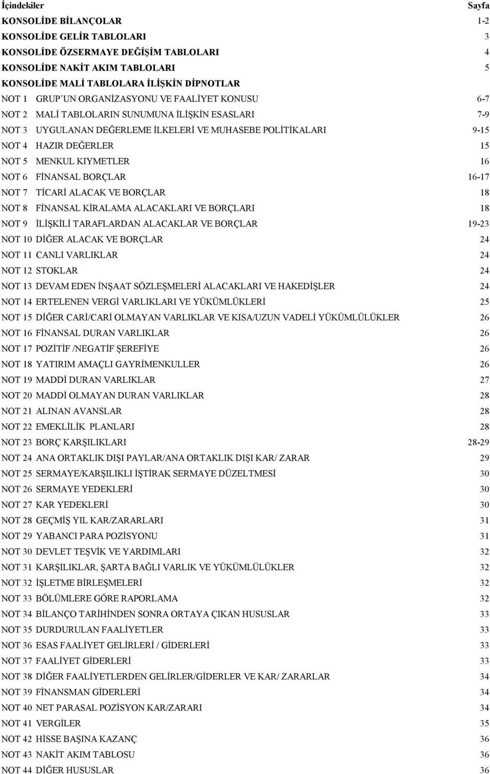 TİCARİ ALACAK VE BORÇLAR 18 NOT 8 FİNANSAL KİRALAMA ALACAKLARI VE BORÇLARI 18 NOT 9 İLİŞKİLİ TARAFLARDAN ALACAKLAR VE BORÇLAR 19-23 NOT 10 DİĞER ALACAK VE BORÇLAR 24 NOT 11 CANLI VARLIKLAR 24 NOT 12