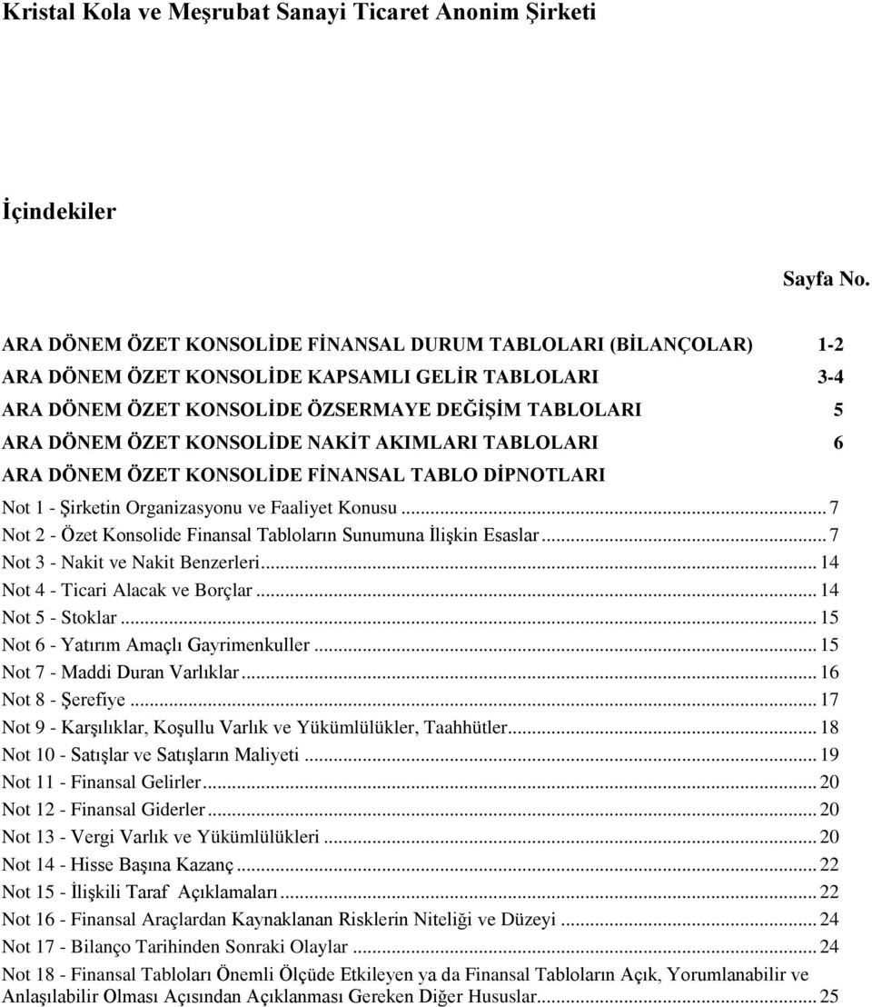 KONSOLİDE NAKİT AKIMLARI TABLOLARI 6 ARA DÖNEM ÖZET KONSOLİDE FİNANSAL TABLO DİPNOTLARI Not 1 - Şirketin Organizasyonu ve Faaliyet Konusu.