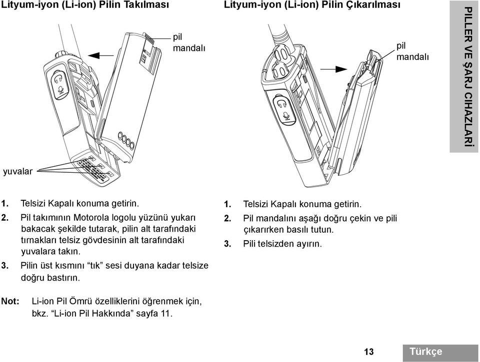 Pil takımının Motorola logolu yüzünü yukarı bakacak şekilde tutarak, pilin alt tarafındaki tırnakları telsiz gövdesinin alt tarafındaki yuvalara takın.