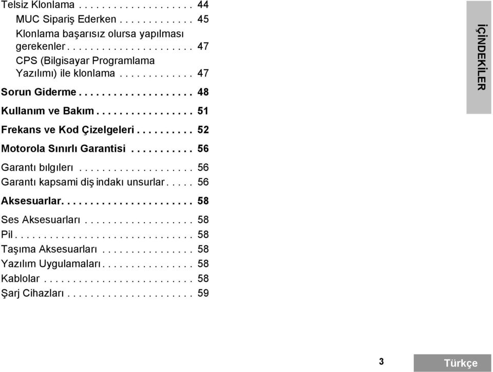 ................... 56 Garantı kapsami diş indakı unsurlar..... 56 Aksesuarlar....................... 58 Ses Aksesuarları................... 58 Pil............................... 58 Taşıma Aksesuarları.