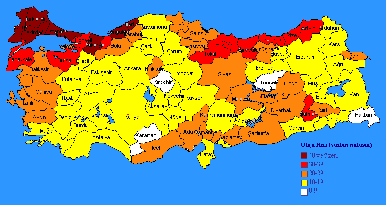 Verem savaşı dispanserlerine 2007 yılında kayıt edilen yeni olgularda illere göre olgu hızı