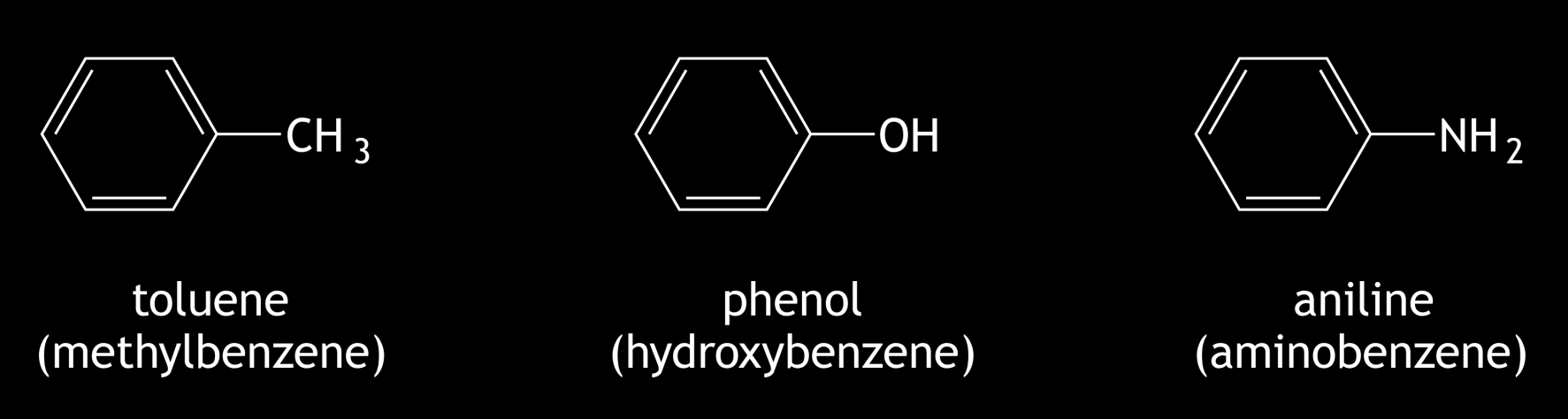 Birçok mono-substitüentli benzenin ortak isimler vardır (örneğin