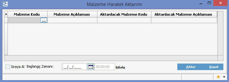 Malzeme Hareket Aktarımı Malzeme hareket aktarımı, aynı malzeme için herhangi bir nedenle birden fazla kart tanımı yapılması durumunda, bu tanım kartları ile yapılan hareketlerin tek bir malzeme ile