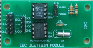 MDS-P2 PIC Mikrodenetleyici Eğitim Seti Kullanma Kılavuzu 67 Şekil-63 : I2C modülü ve bağlantı şeması. Bu modül üzerinde iki adet I2C iletişimi ile uygulama yapılacak entegre bulunmaktadır.