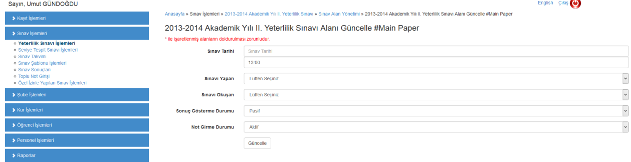 3.2 Sınav İşlemleri 3.2.1 Yeterlilik Sınavı İşlemleri 3.2.1.1 Yönetim Yeterlilik sınavı listesinin bulunduğu alandır. Bu alanda ilan edilmemiş yeterlilik sınavlarını güncelleme/silme yapıla bilinir.