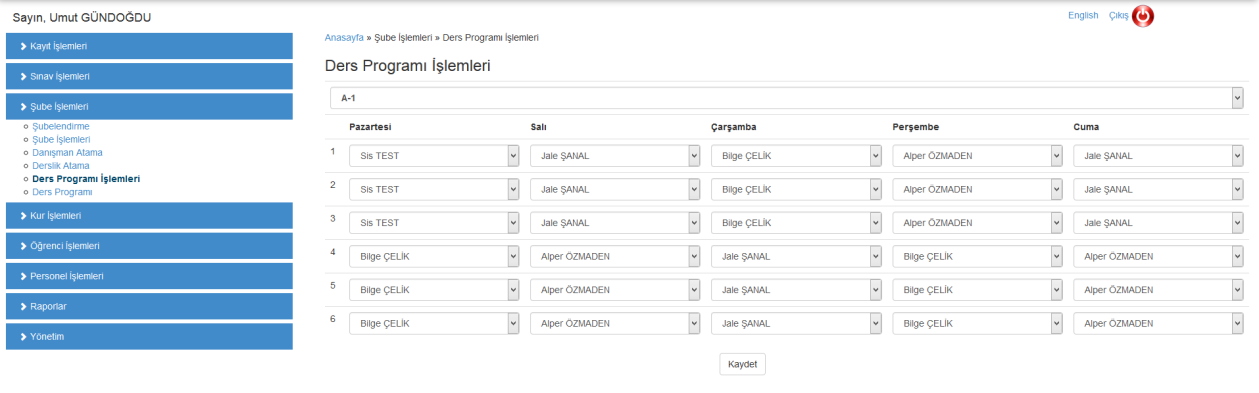 3.3.4 Derslik Atama Şubeye ait derslik bilgileri bu ekran üzerinden girilir. Şubenin yanındaki boş alana serbest yazı olarak giriş yapılır. 3.3.5 Ders Programı İşlemleri Üst kısımdaki şube listesinden bir şube seçilerek haftalık ders programı girişi yapılır.