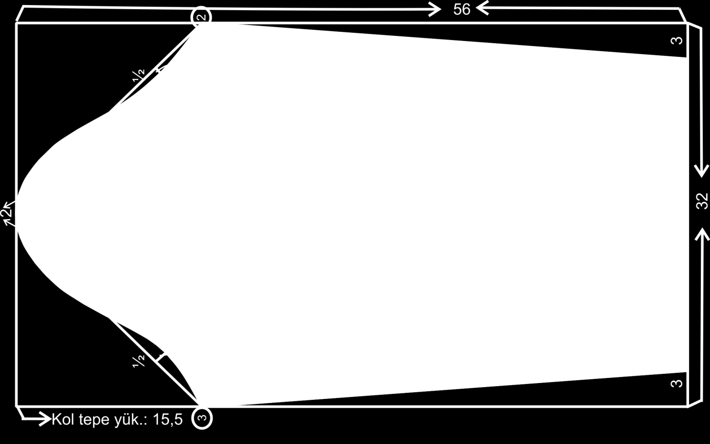 1. 56 cm boyunda ve 32 cm eninde dikdörtgen yapılır. Dikdörtgenin ortasına düz çizgi çizilir (kol ortası) 1. 2. Dikdörtgenin soluna ön sağına arka yazılır. 3. Kol tepe yüksekliği: 15,5 cm yukarıdan aşağıya paralel çizgi alınır.