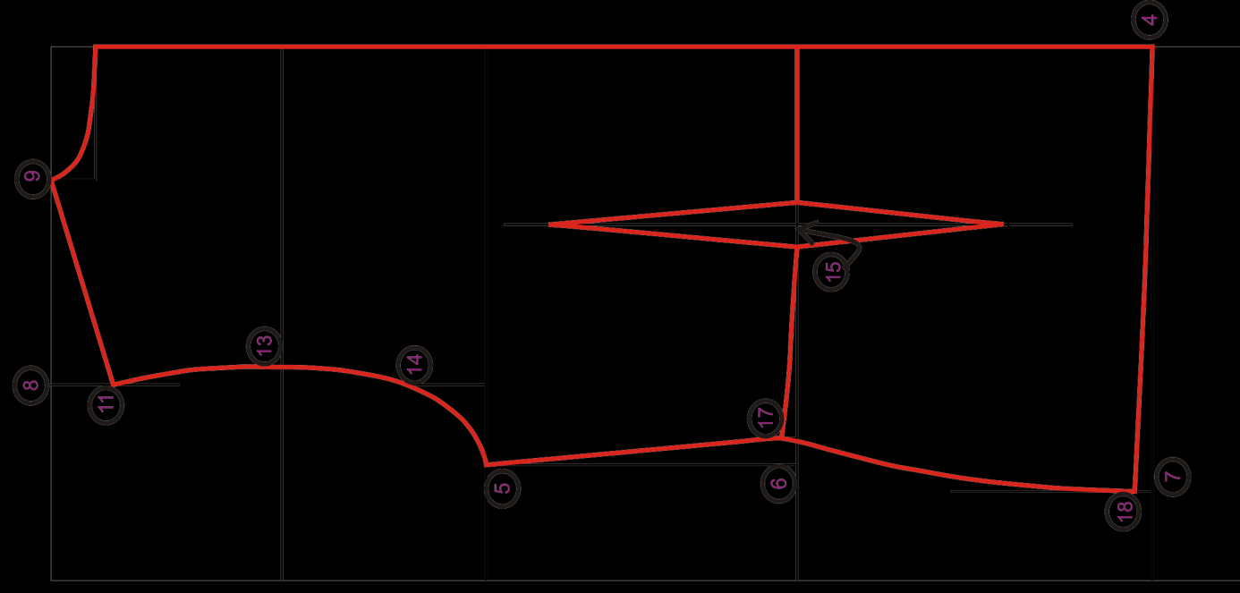 16. Arka kol oyuntusu 5, 14, 13 ve 11 arası kavisli esas hat çizilir. 17. 17 ile 5 arası esas hat yan düz çizilir. 18.