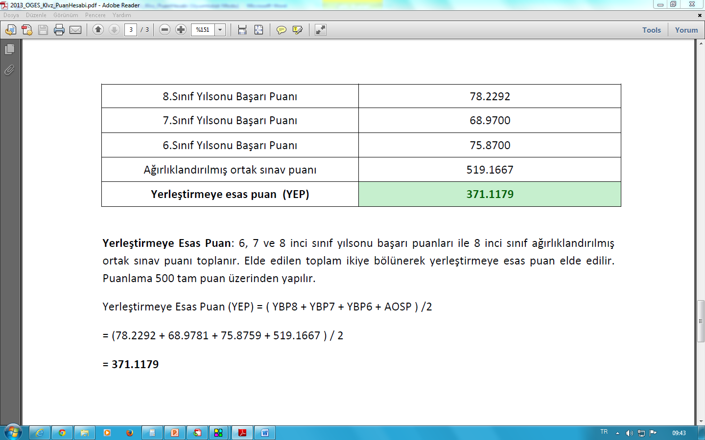 Yerleştirmeye esas puanın hesaplanması Ağırlıklandırılmış Ortak Sınav Puanı (AOSP) = (OSP1 + OSP2) / 2 = (497.7778 + 540.5556 ) / 2 = 519.