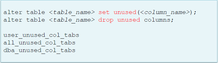 ALTER TABLE SET UNUSED Bir tablo üzerinde kullanılmadığını düşündüğünüz kolonlar varsa, drop etmek yerine bunlar UNUSED olarak işaretlenebilir.