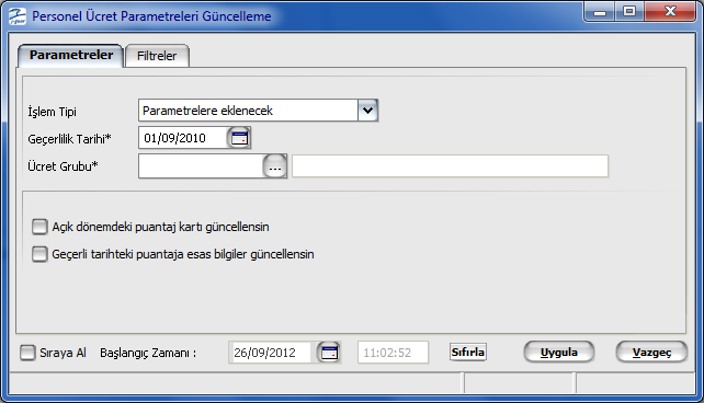 Personel Ücret Parametreleri Güncelleme Personel ücret parametreleri güncelleme işlemi, İşlemler menüsü altında yer alan Personel ücret parametreleri güncelleme seçeneği ile toplu olarak yapılır.